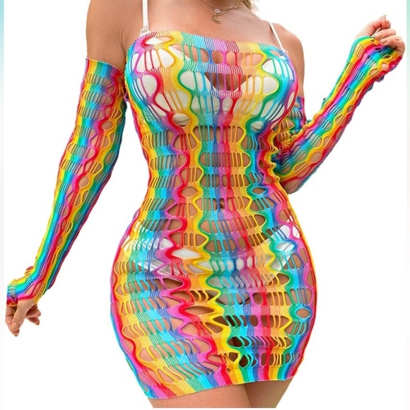 MoonFlowerBtq Other - ❤️SOLD❤️ Rainbow Mesh Fishnet Dress Rave Festival Outfit Swim Cover